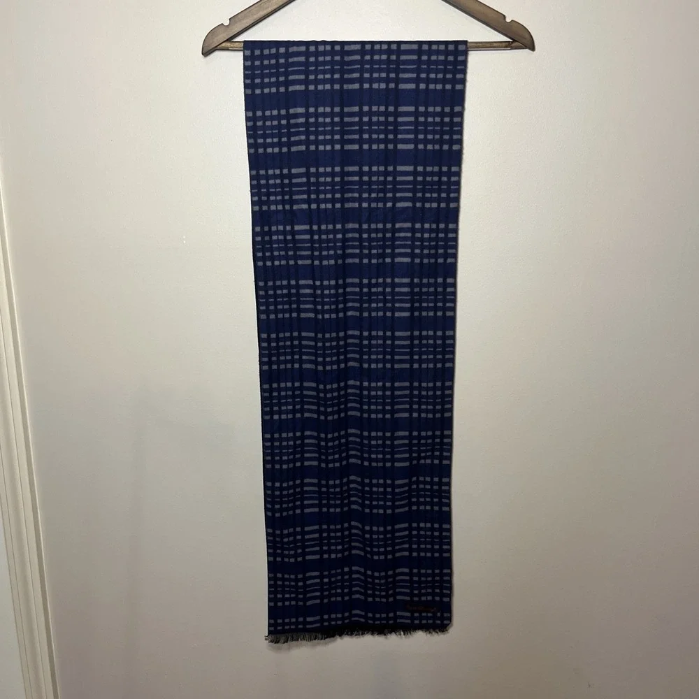 English Laundry Felt Silk Scarf Navy Blue Plaid Fringe 70